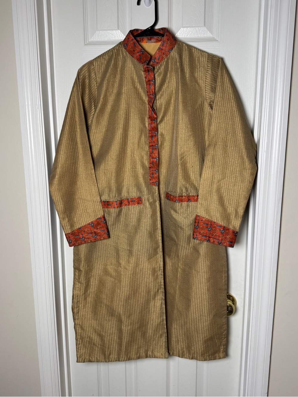 Very Me Gold Brocade Long Kurta Tunic Duster Jacket Size 34